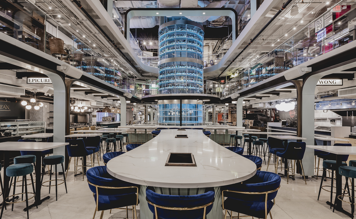 wine tower in the center of eating area