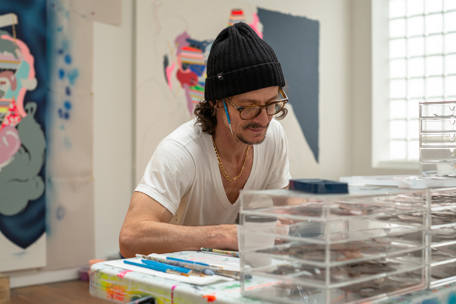 Erik Parker working in his nyc studio