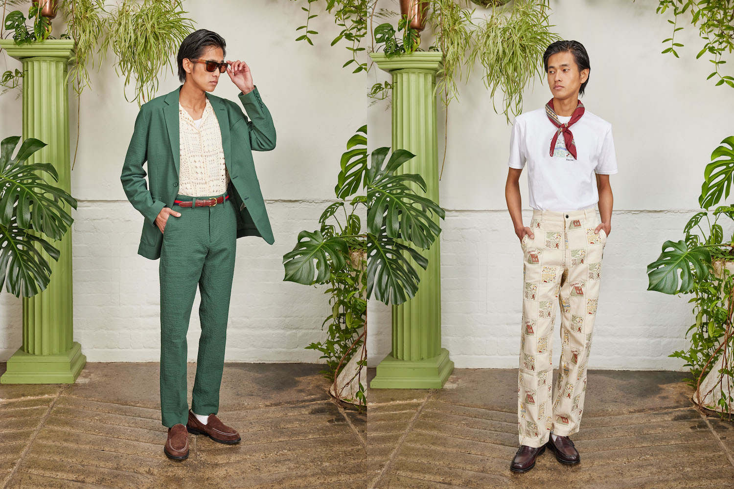two models in the Percival Foragers Collection against a plant-filled background