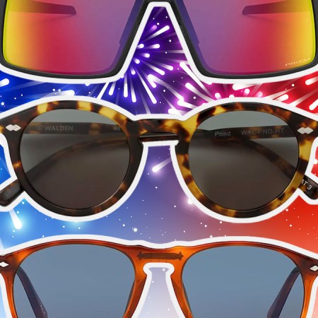 a collage of sunglasses on a firework background