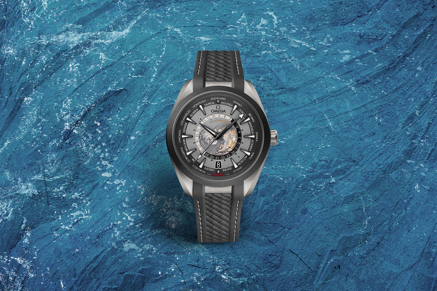 Black watch with black face that shows a view of Earth from the North Pole