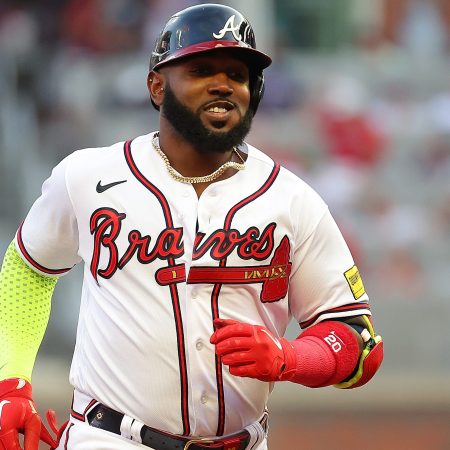 Marcell Ozuna of the Braves rounds second base.