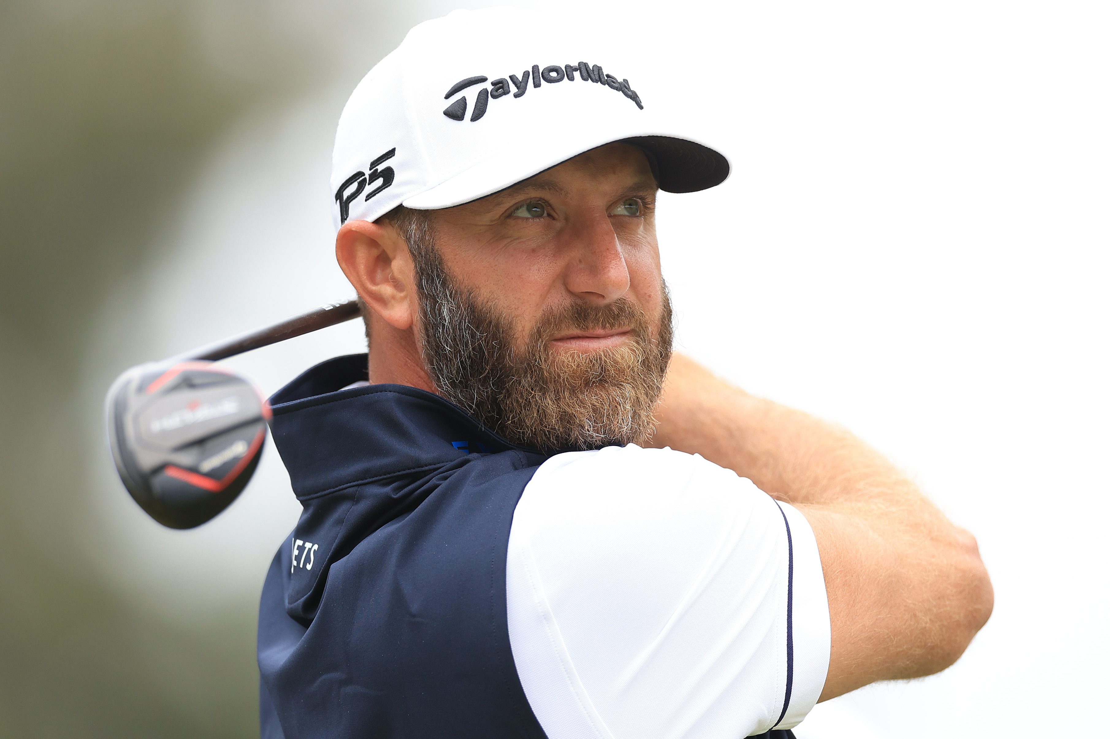Dustin Johnson plays a practice shot at the 123rd U.S. Open.