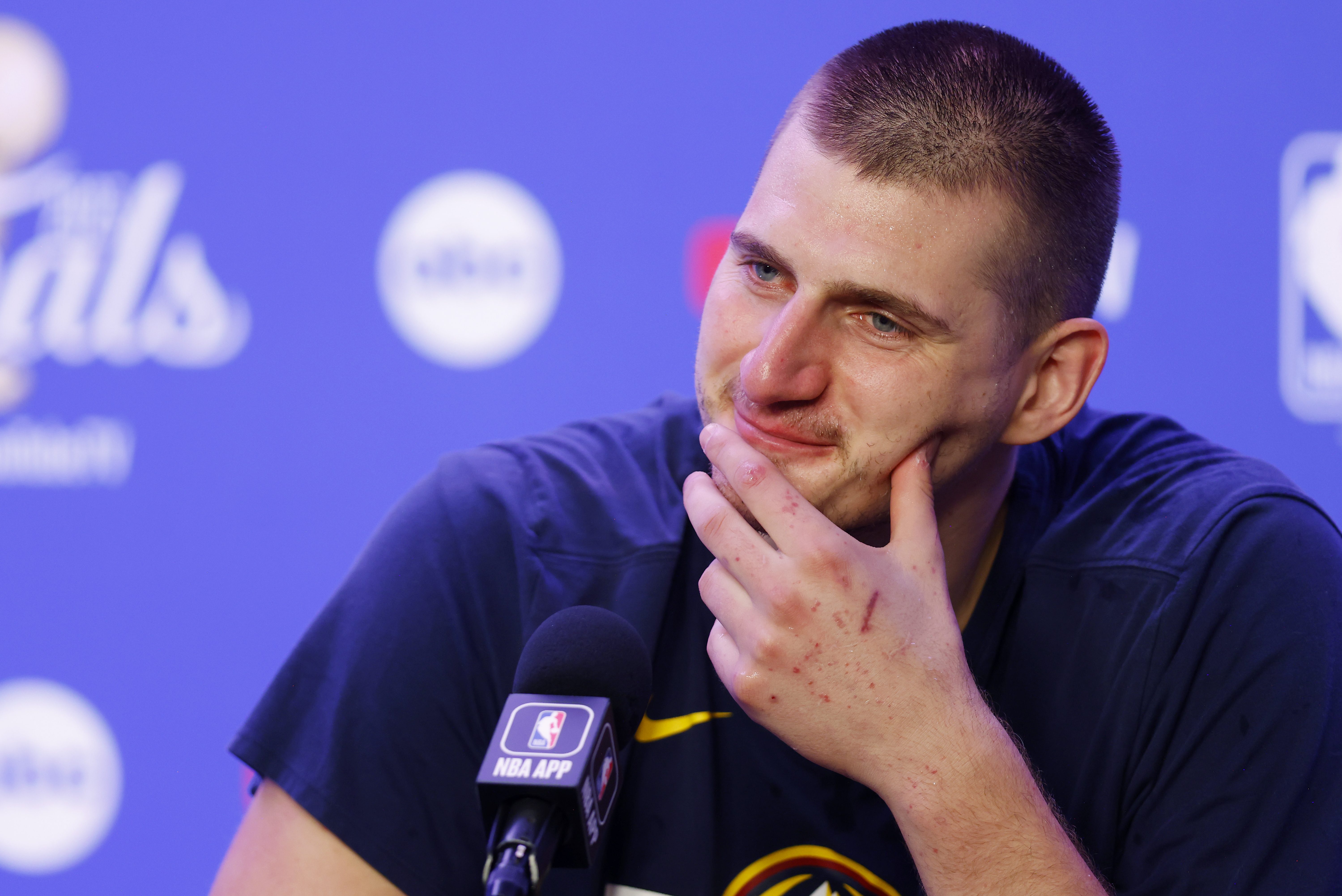 Nikola Jokic of the Denver Nuggets speaks after the NBA Finals.