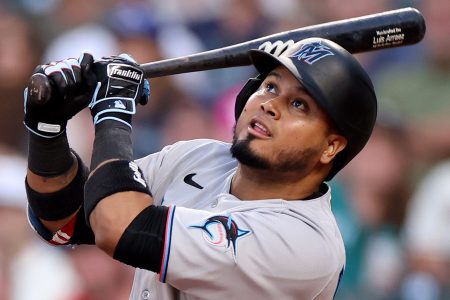 Luis Arraez the Marlins bats against the Mariners.