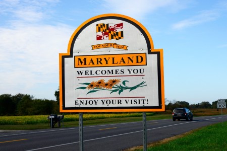 "Welcome to Maryland" sign on the highway