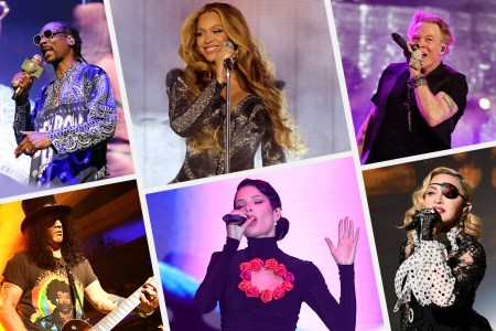 Collage of performers at concerts.