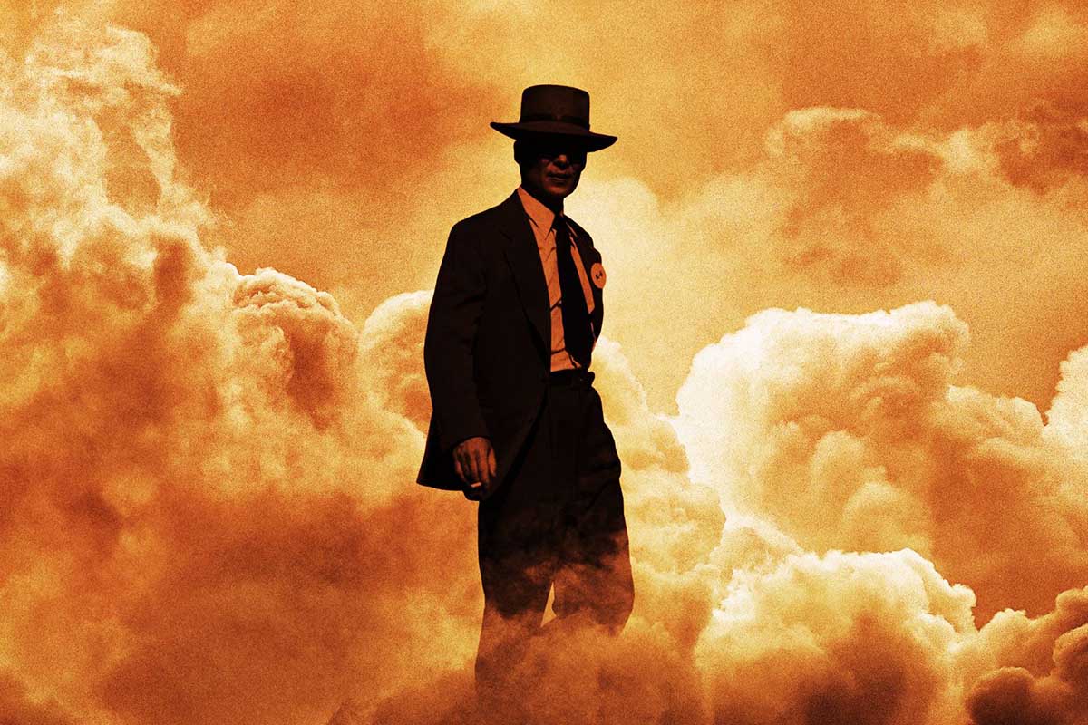 A close-up of the poster for "Oppenheimer," the new Christopher Nolan movie