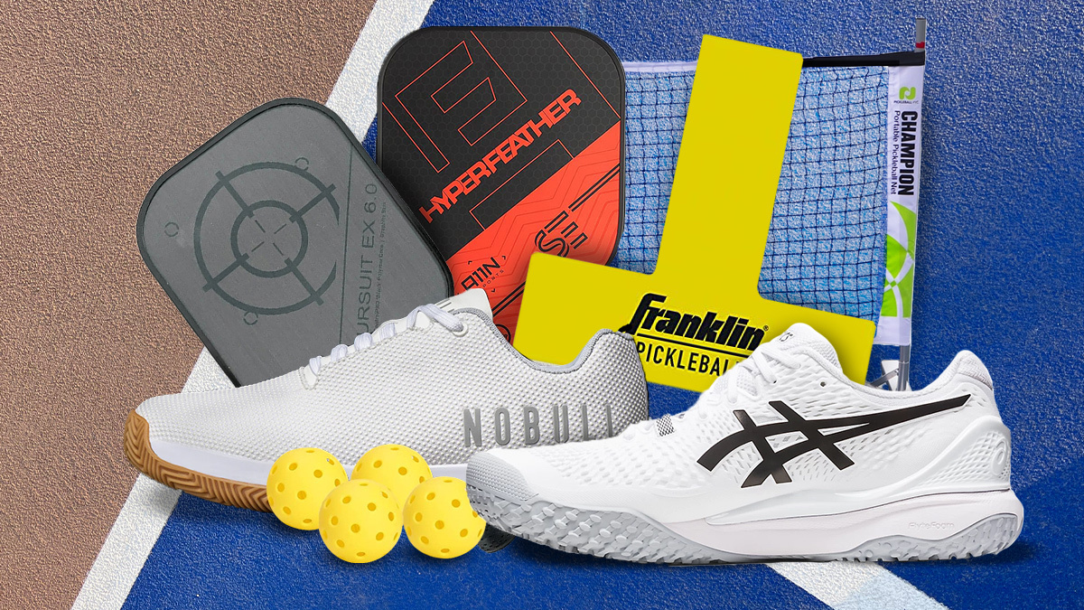 Pickleball gifts on a blue and brown court background