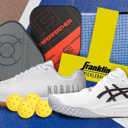 Pickleball gifts on a blue and brown court background