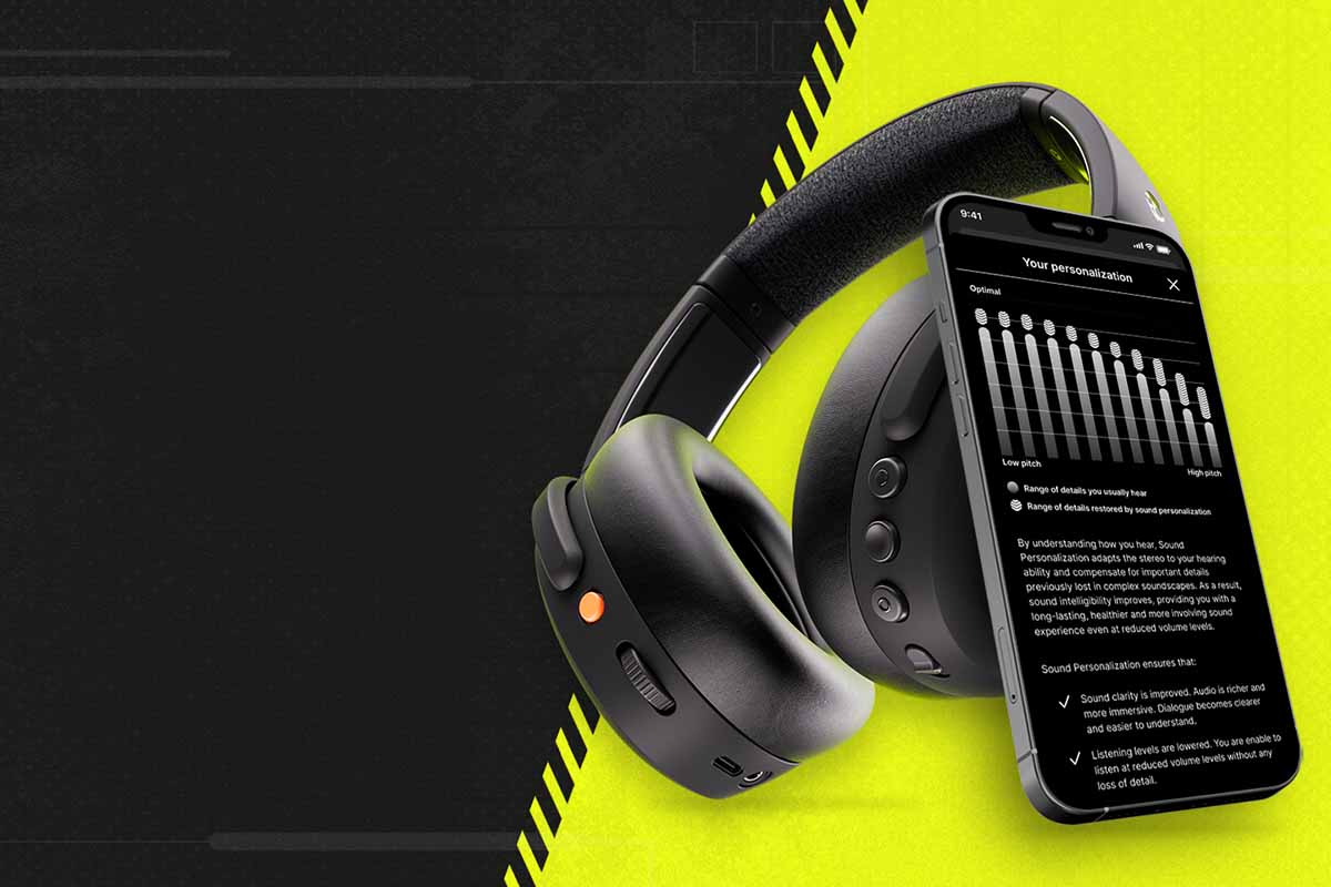 The Skullcandy Crusher ANC 2 headphones and a phone with the Skullcandy app and its hearing test