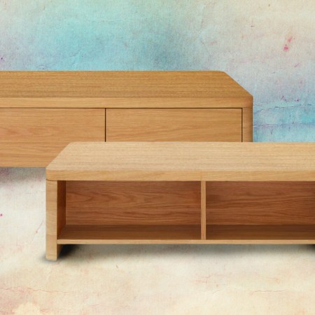 Two photos of a handsome coffee table superimposed on a colorful background.