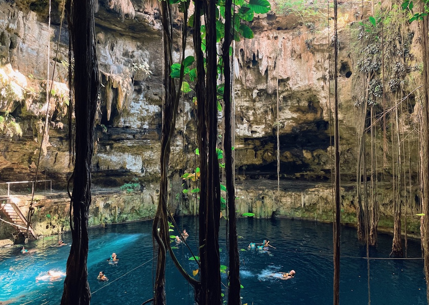 pool in steep hole with vines hanging.