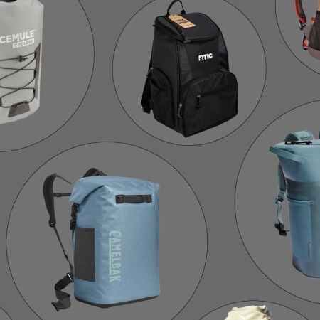 The best backpack coolers for 2024, in grey circle backgrounds.