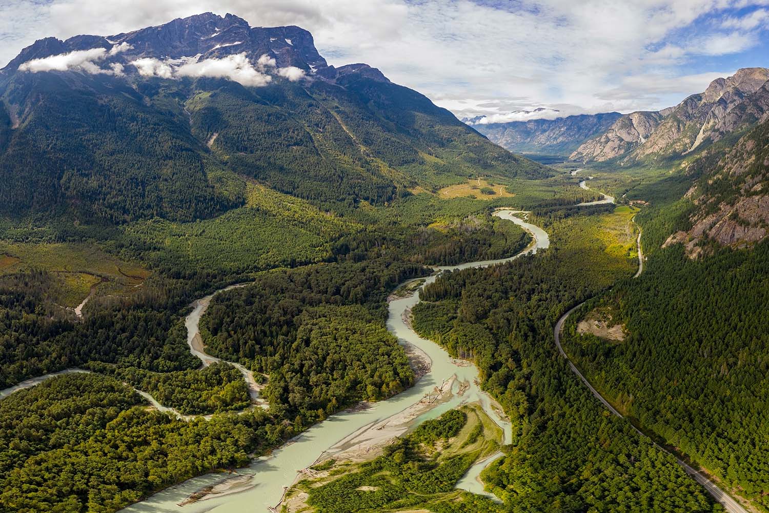 The Tweedsmuir (South) Provincial Park with Kitimat Ranges, northern Pacific Ranges and the Rainbow Range in the background and Atnarko and Bella Coola River in the foreground