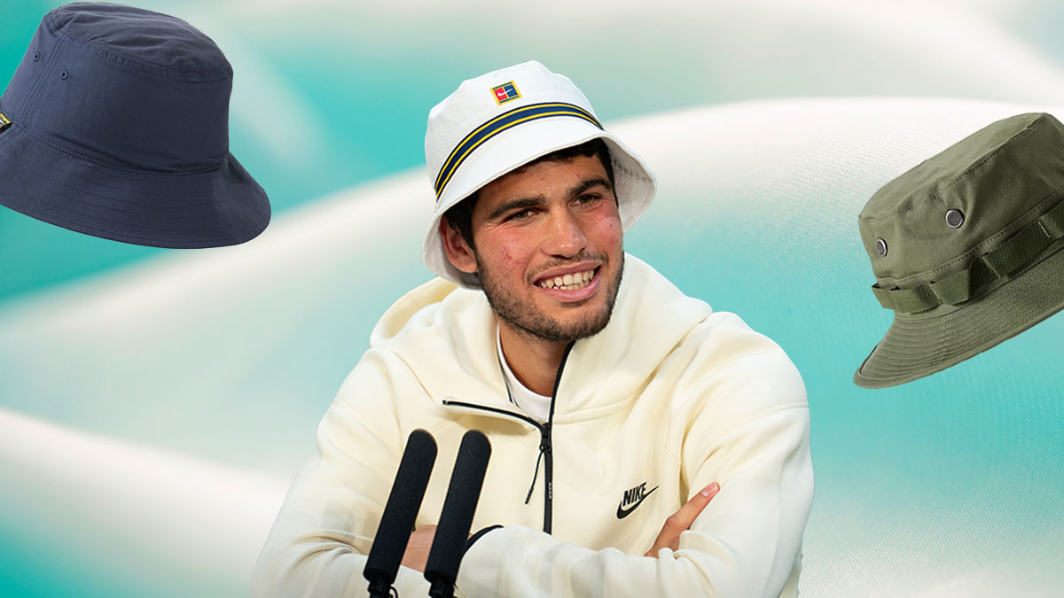 a photo of bucket hats and Carlos Alcaraz on a blue swirly background