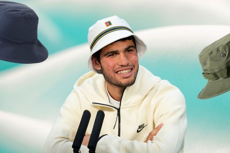 a photo of bucket hats and Carlos Alcaraz on a blue swirly background
