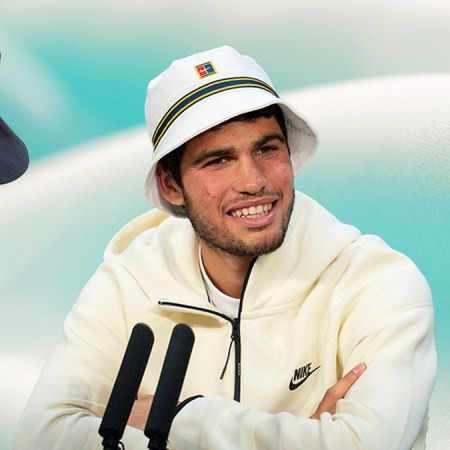 a photo of bucket hats and Carlos Alcaraz on a blue swirly background