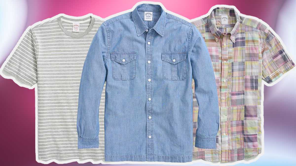 a collage of Brooks Brothers items on a pink background