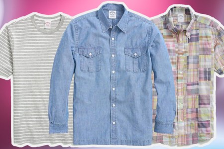 a collage of Brooks Brothers items on a pink background