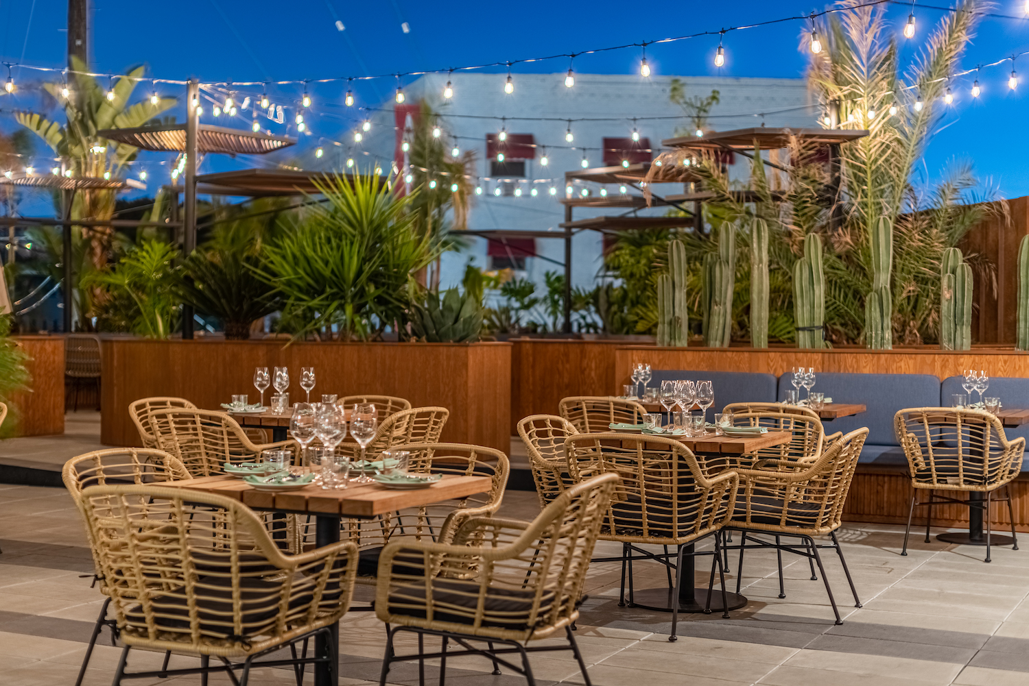 whicker chairs and brown tables under string lights on the Cha Cha Cha rooftop.