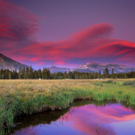 Lembert Dome and stream at sunset, Tuolumne Meadows, Yosemite National Park, California, USA