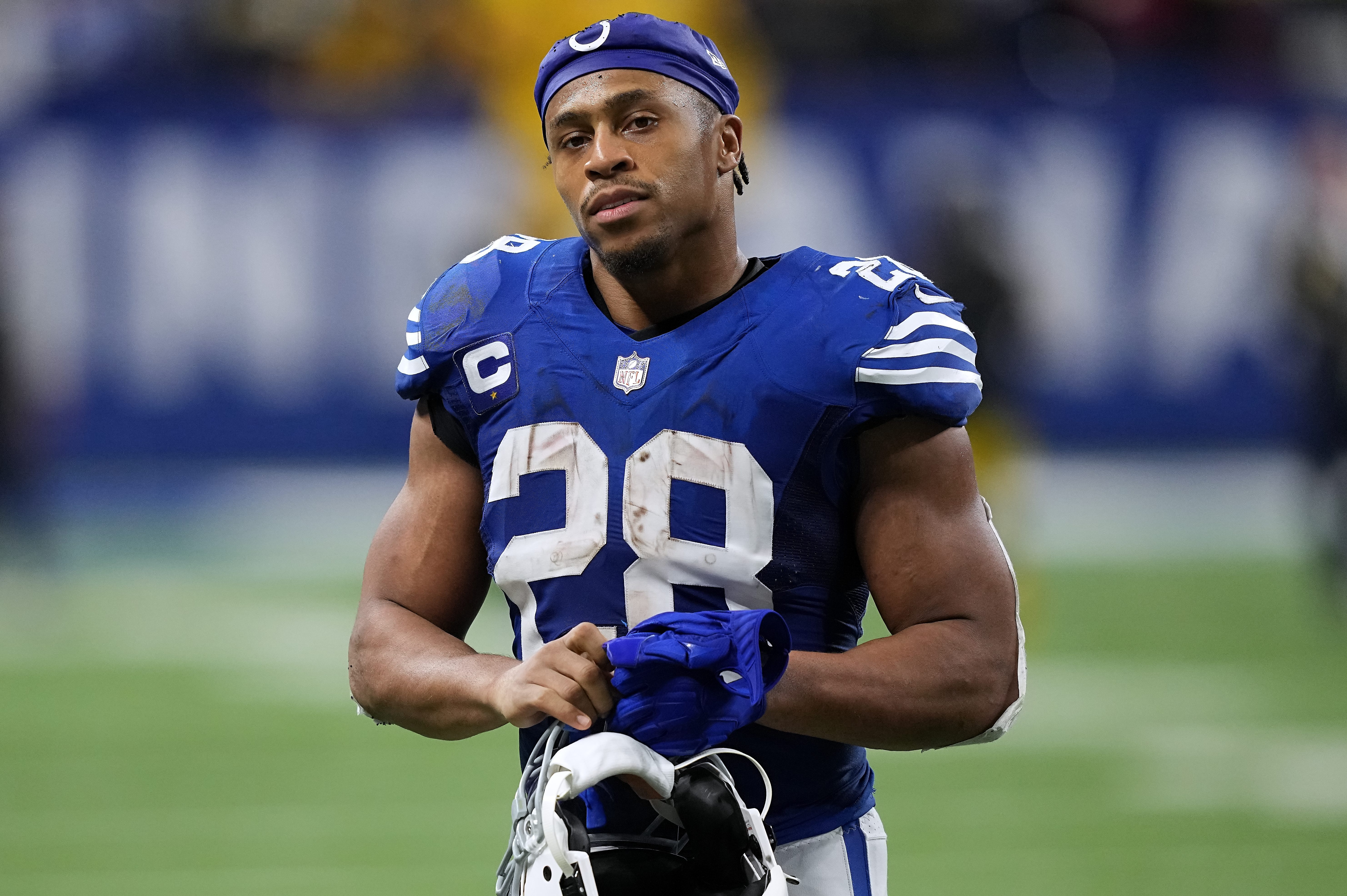 Jonathan Taylor of the Indianapolis Colts walks off the field.