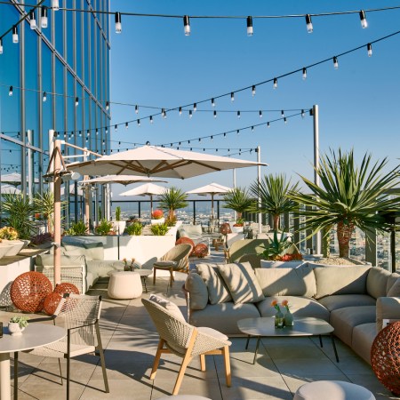 rooftop bar with string lights, couch seats and plants.