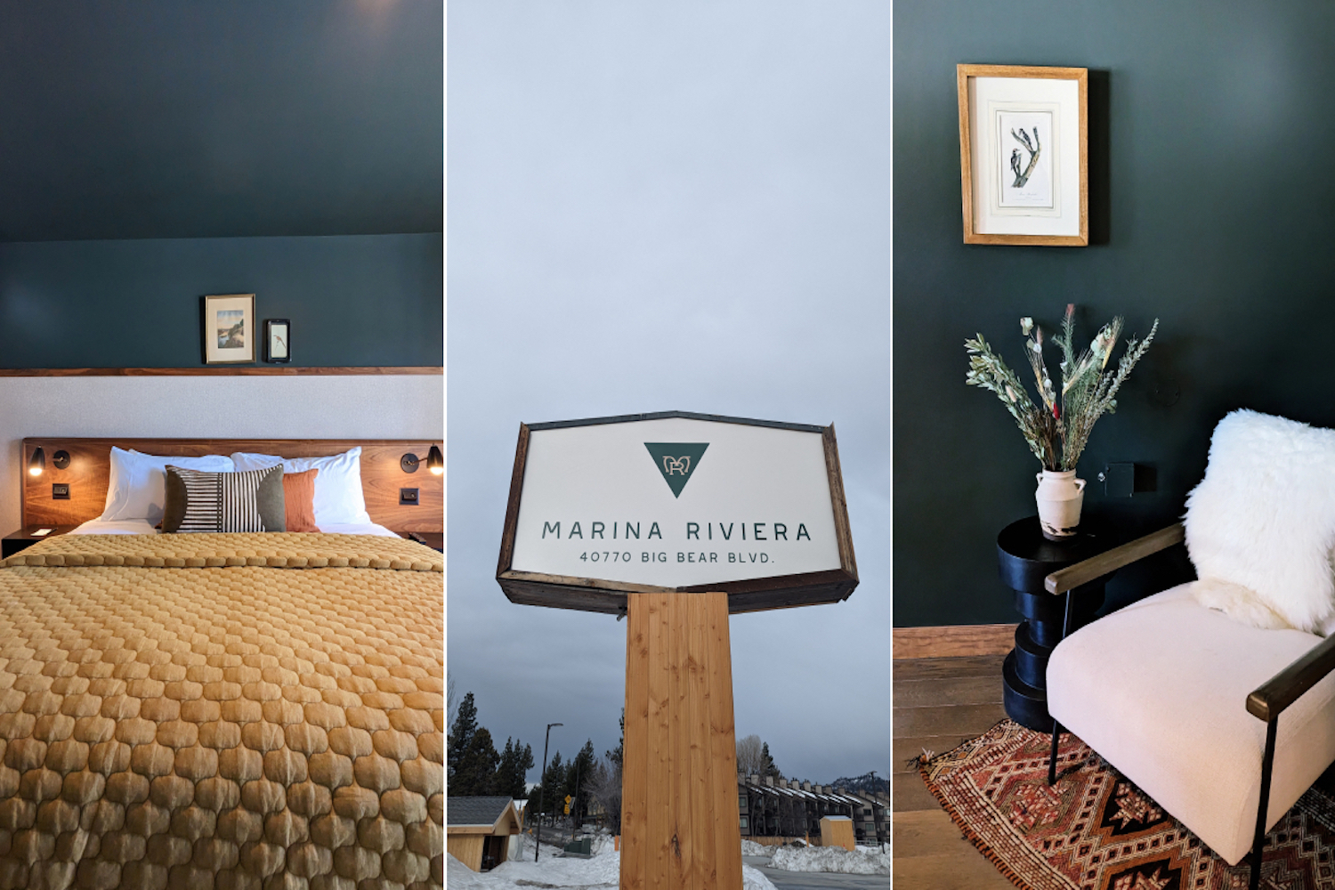 Marina Riveiera lodge at Big Beak Lake: an image of a bed, an image of a sign and an image of a chair side-by-side.