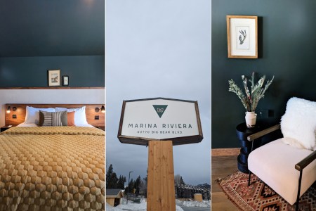 Marina Riveiera lodge at Big Beak Lake: an image of a bed, an image of a sign and an image of a chair side-by-side.