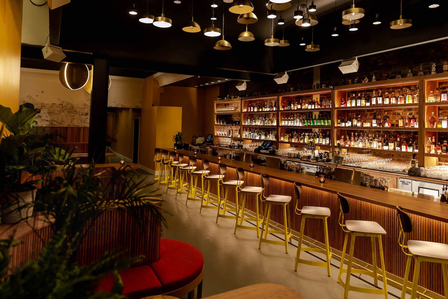 A dimly lit bar.