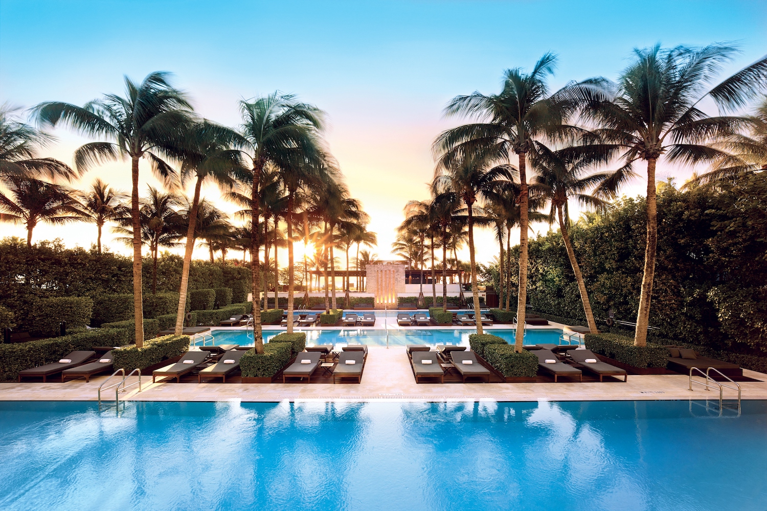 Pools with chairs and palm trees.