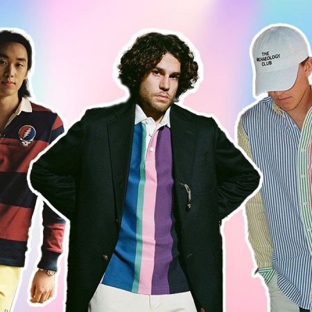 Preppy Ivy Style lookbook cutout images from the brand Rowing Blazers on an abstract pink background