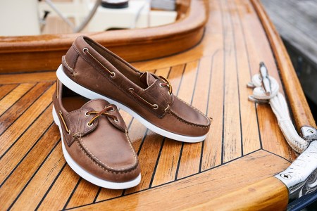 Pair of Rancourt loafers on the deck of a boat.