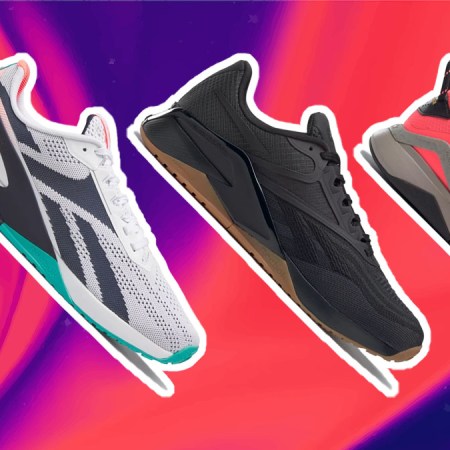 a collage of shoes from the Reebok Nano Sale on a gradient background