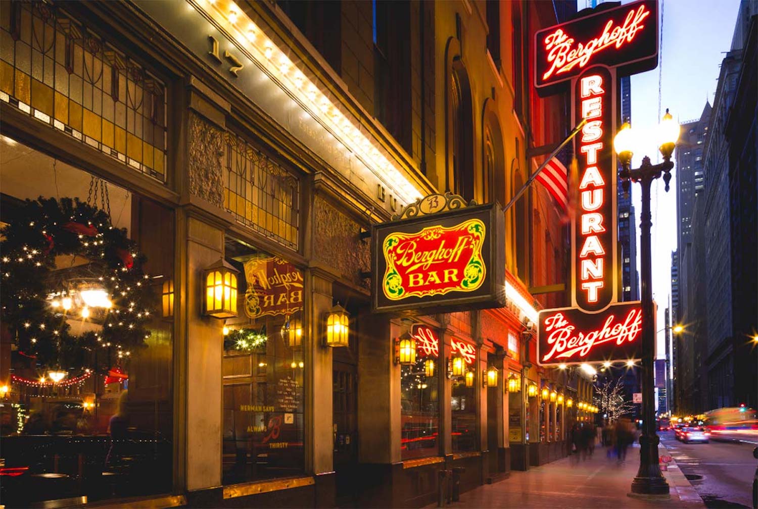 Outdoor neon sign on The Berghoff