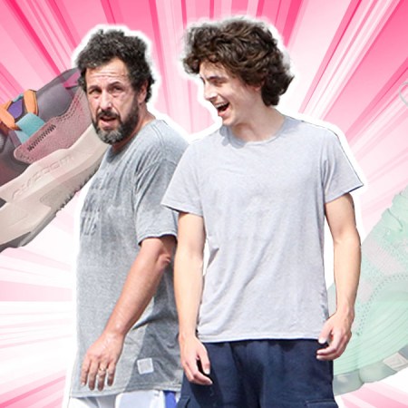 a photo of Timothee Chalamet and Adam Sandler on a pink background