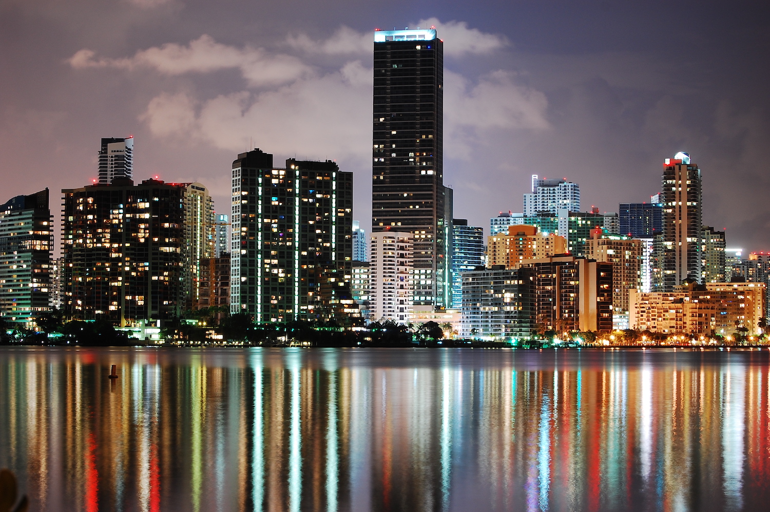 Shot of Miami skyline across the water at night