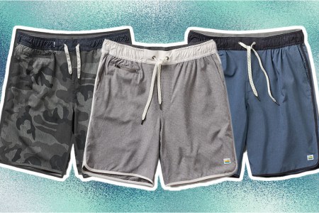 a collage of the Vuori Banks Short on a blue tonal background