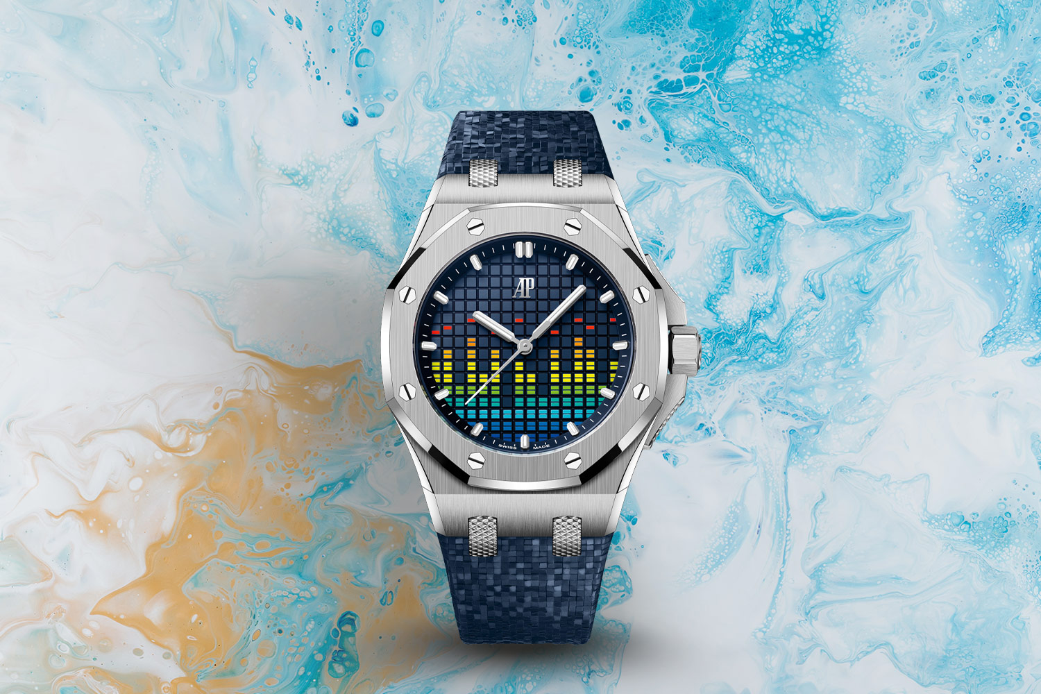 Silver and blue watch with technicolored rainbow face.