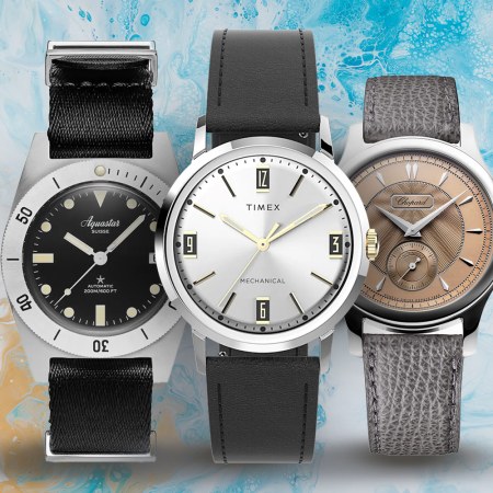 Black and silver watch; black, white and gray watch; and gray and brown watch.