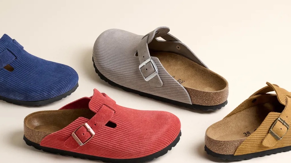 a collage of Birkenstock Boston Corduroy slides on a grey background