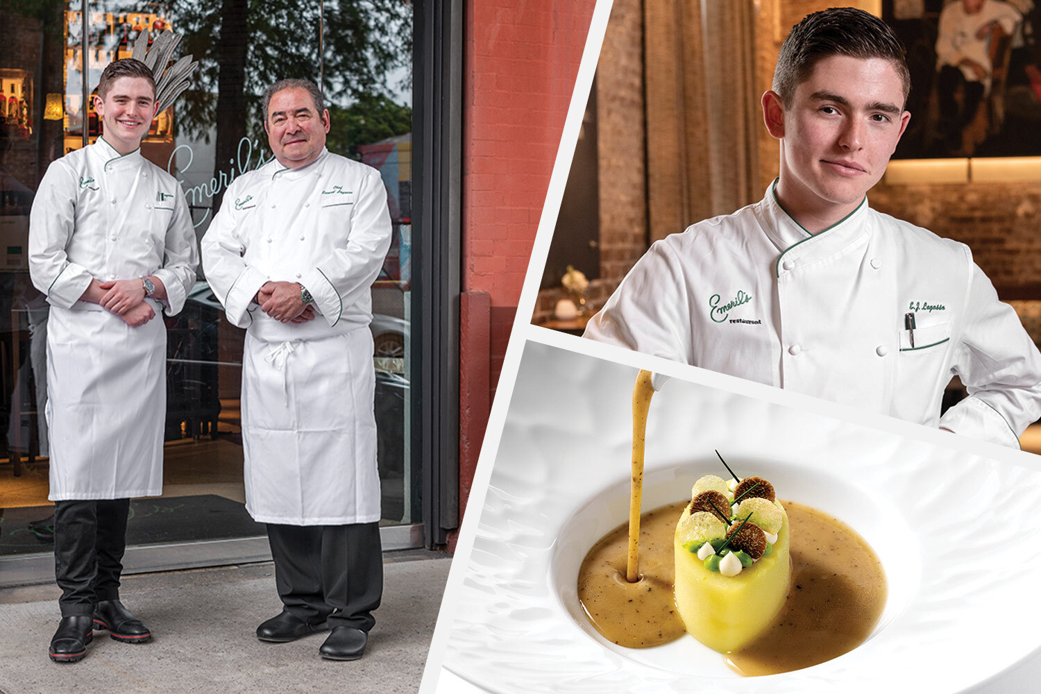 ej and emeril lagasse in front of their new orleans restaurant