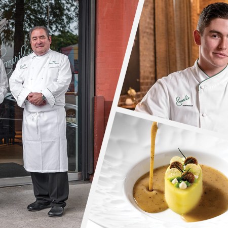 ej and emeril lagasse in front of their new orleans restaurant