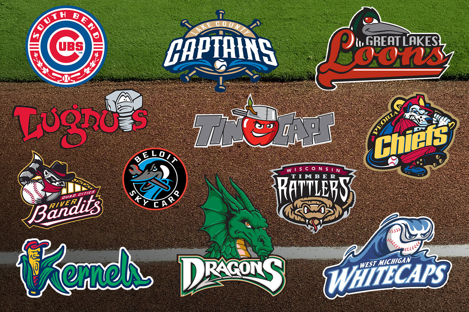 collage of minor league baseball teams logos on a baseball field.
