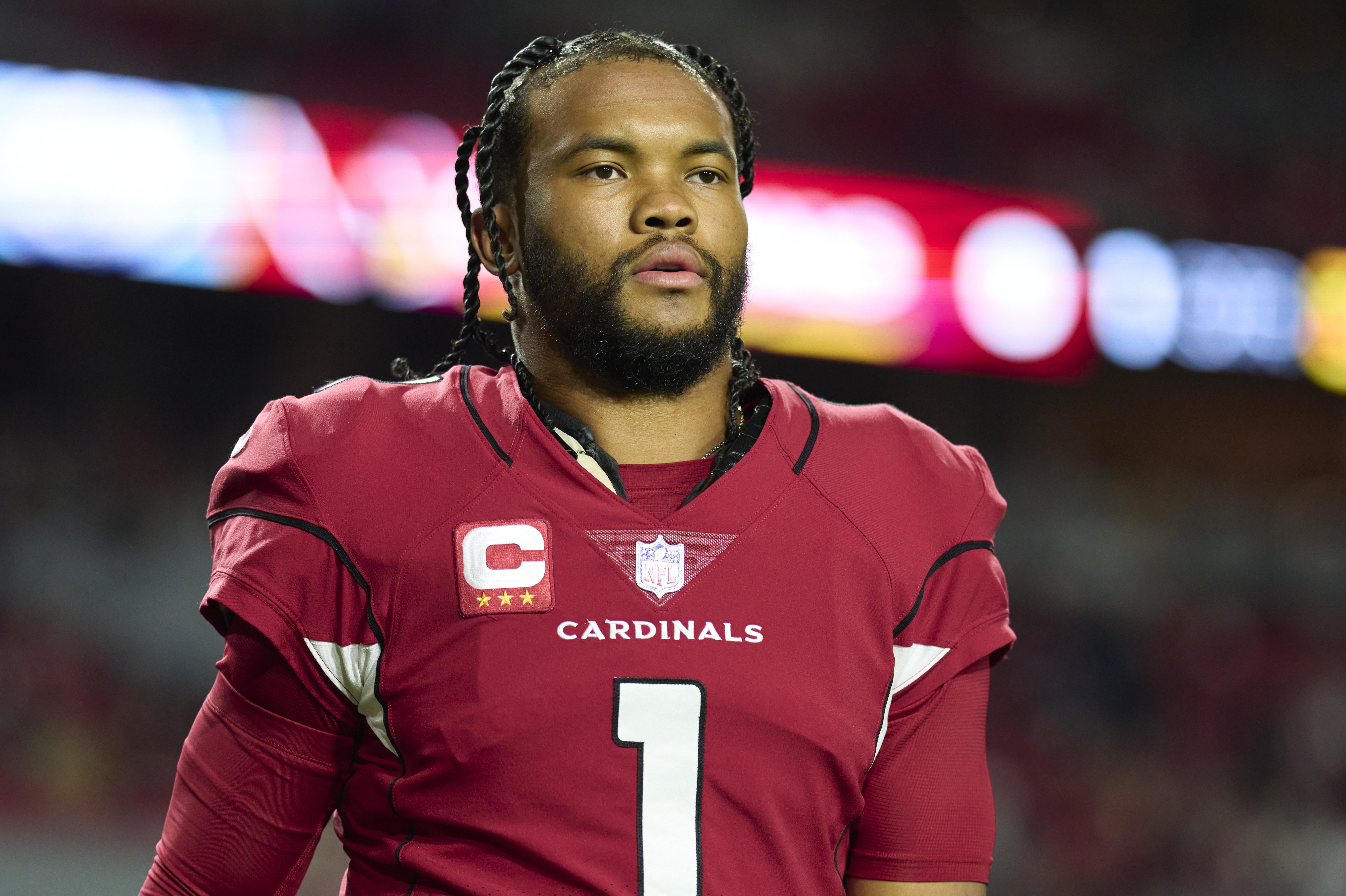 Kyler Murray of the Arizona Cardinals warms up before kickoff.