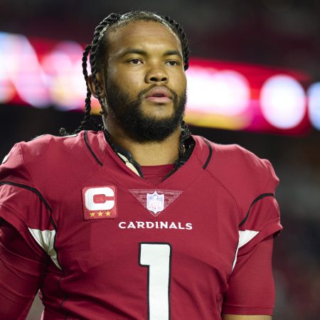 Kyler Murray of the Arizona Cardinals warms up before kickoff.