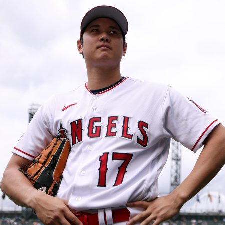 Shohei Ohtani looks on during Gatorade All-Star Workout Day at T-Mobile Park.