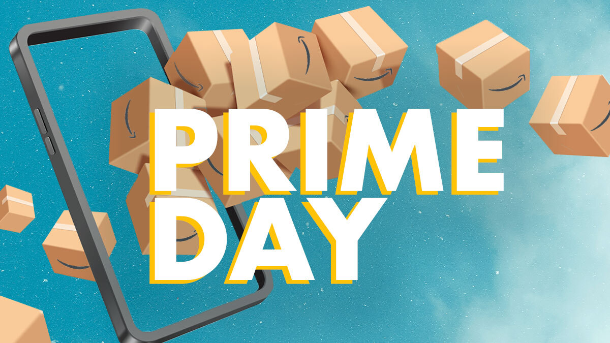 a bundle of Amazon boxes on a blue background with Prime Day text