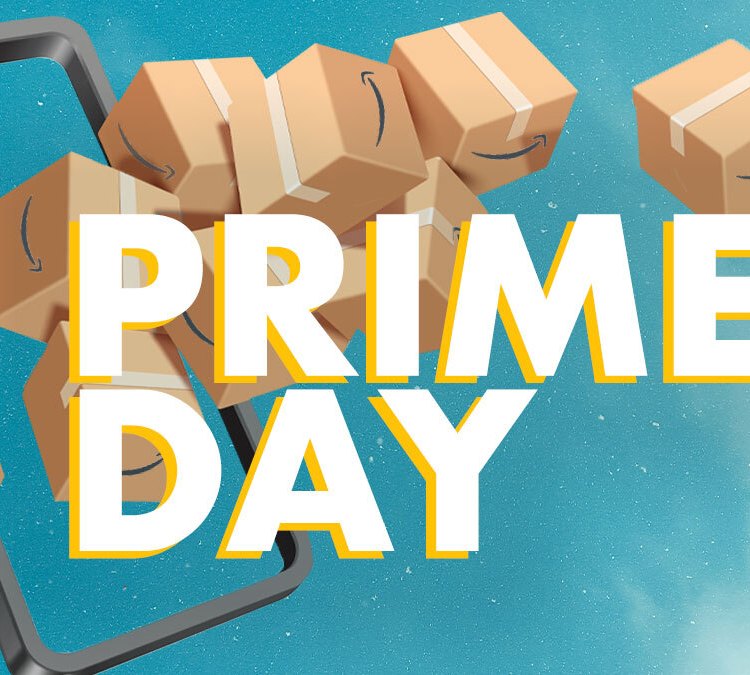 a bundle of Amazon boxes on a blue background with Prime Day text